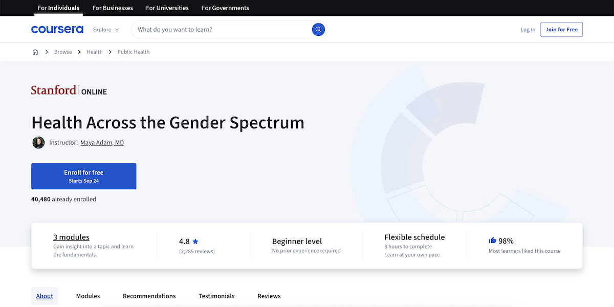 Health Across the Gender Spectrum - Free  Online course through Stanford University
